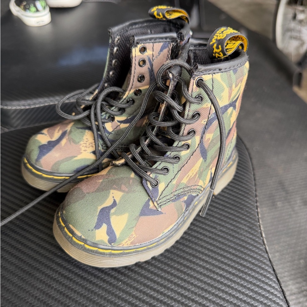 Dr. Martens Kids Camo Ankle Boots with Yellow Stitching